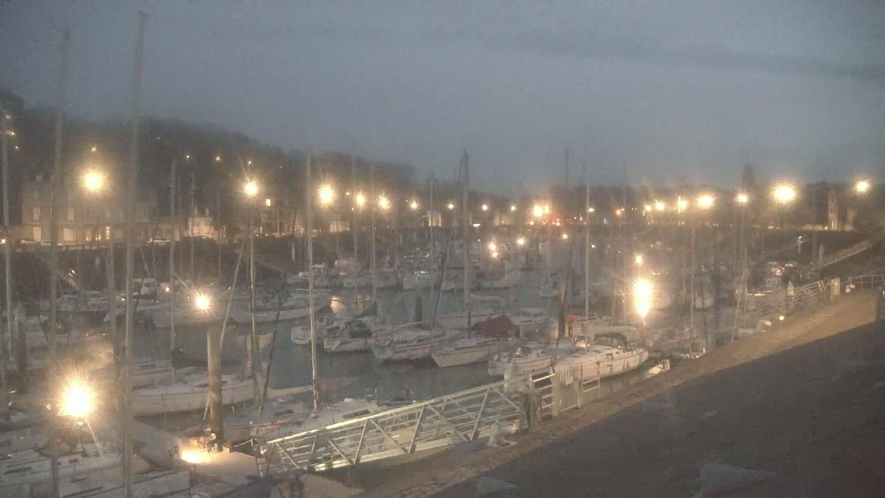 Many sailboats are docked in a marina at night under a cloudy, dusky sky illuminated by numerous lights.