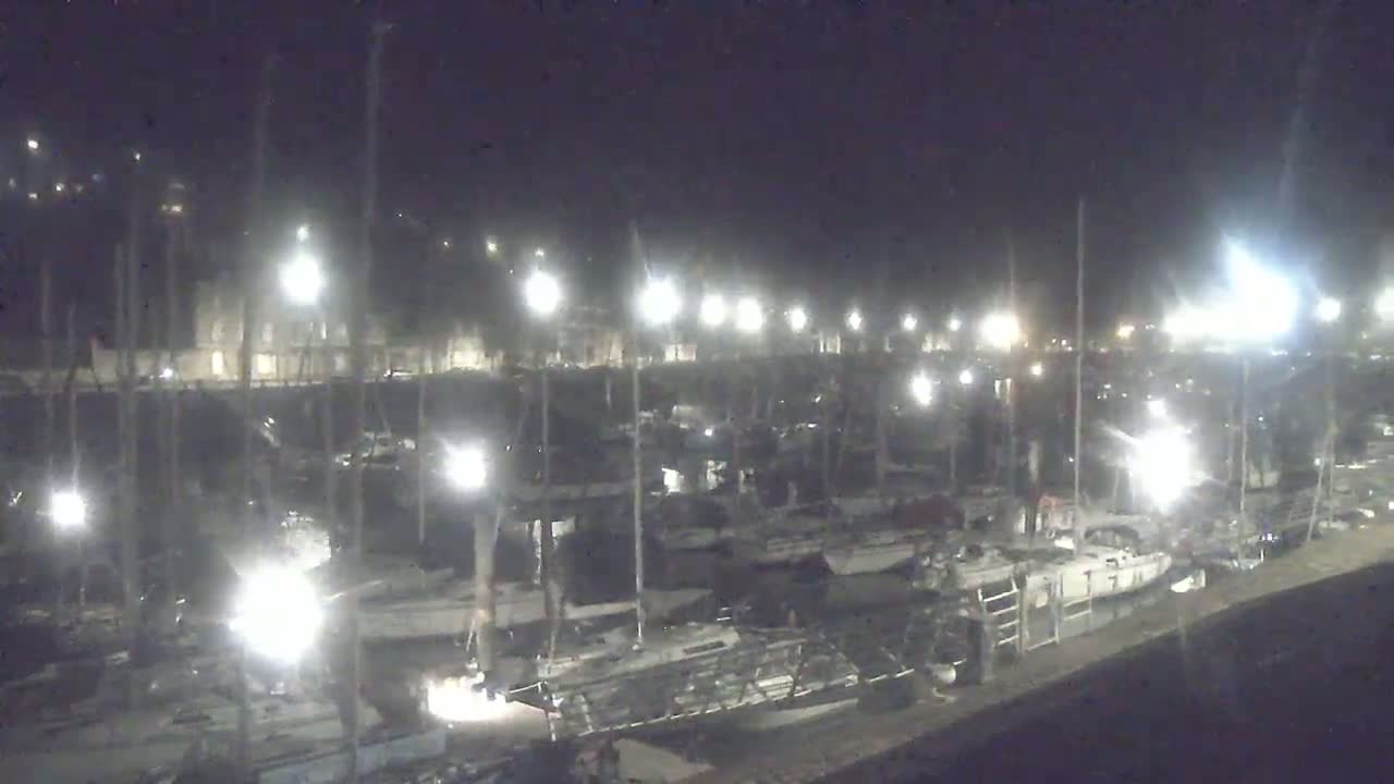 A nighttime, brightly lit marina filled with numerous sailboats.