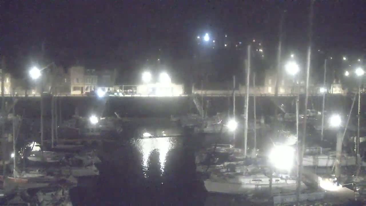A nighttime view of a marina with numerous boats docked, illuminated by lights along the waterfront.