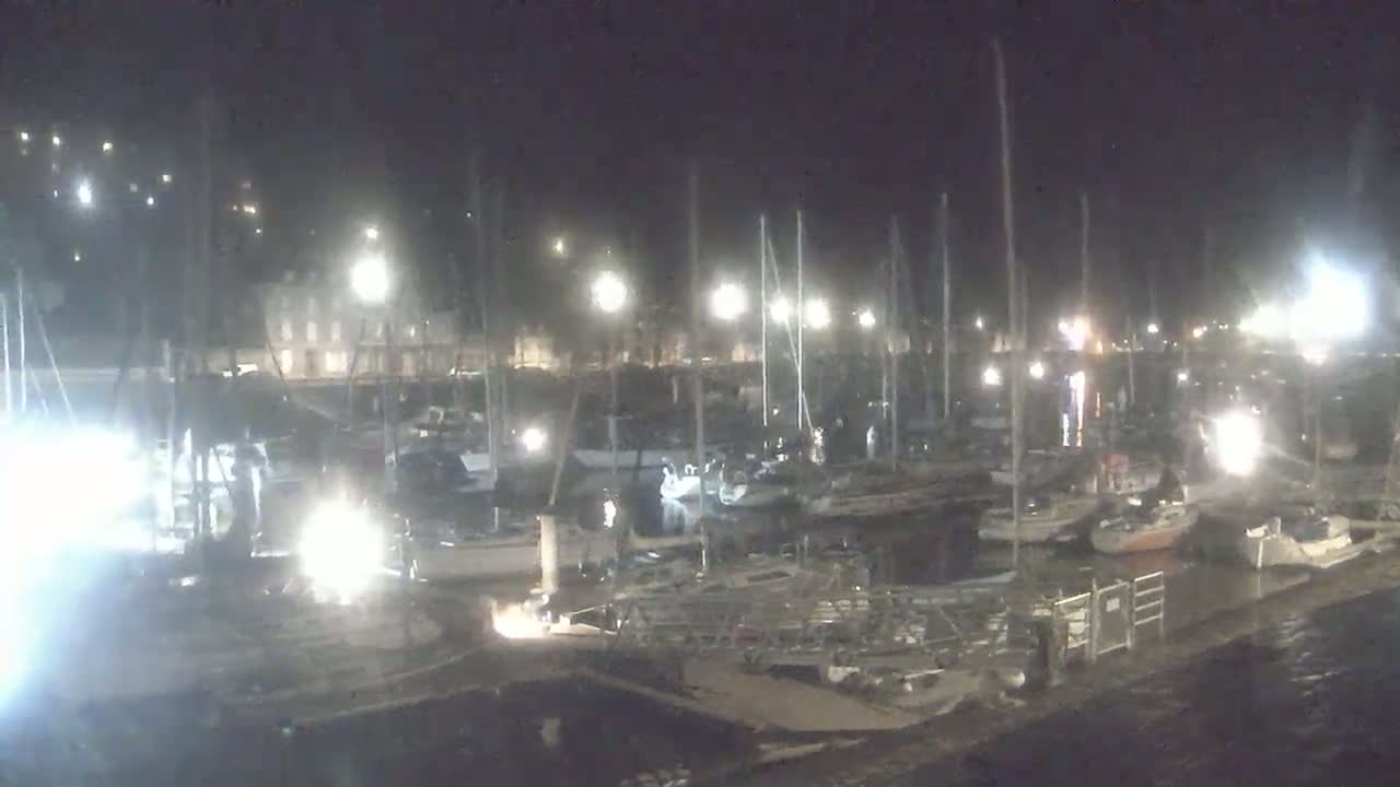 A nighttime view of a marina filled with boats and illuminated by artificial lights.