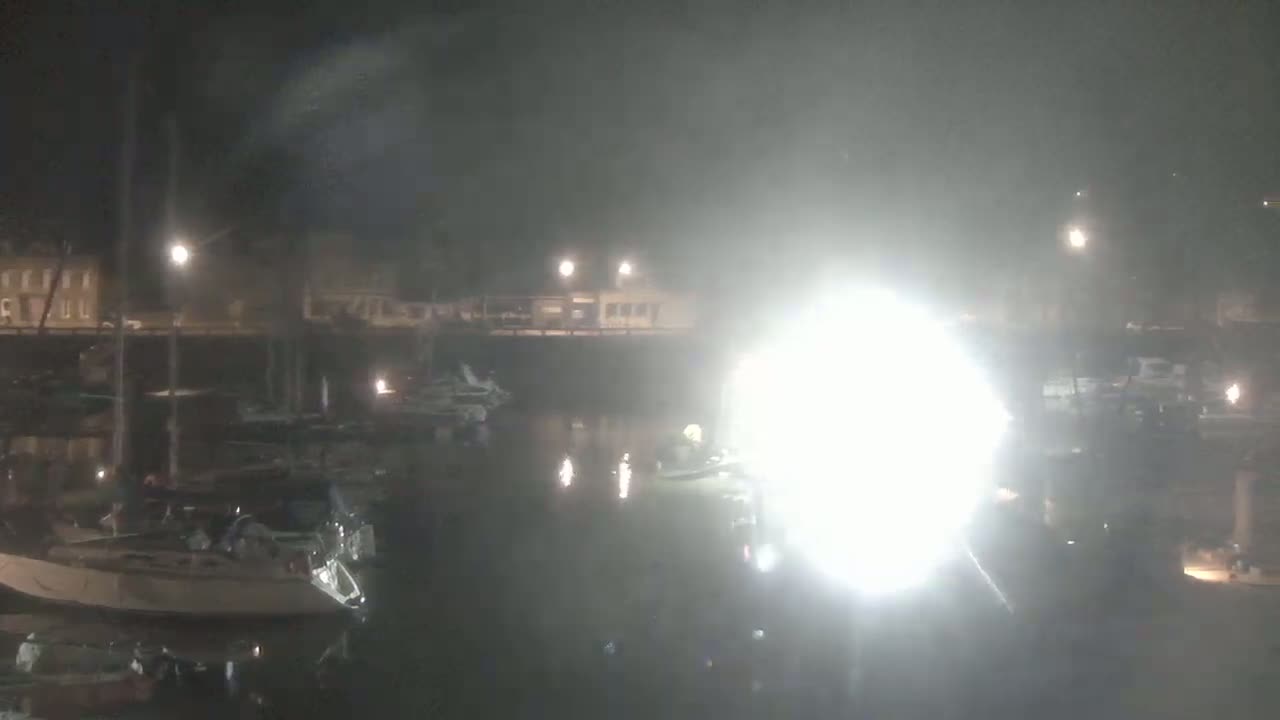 A nighttime, hazy view of a marina with boats docked along a waterway, illuminated by bright lights.