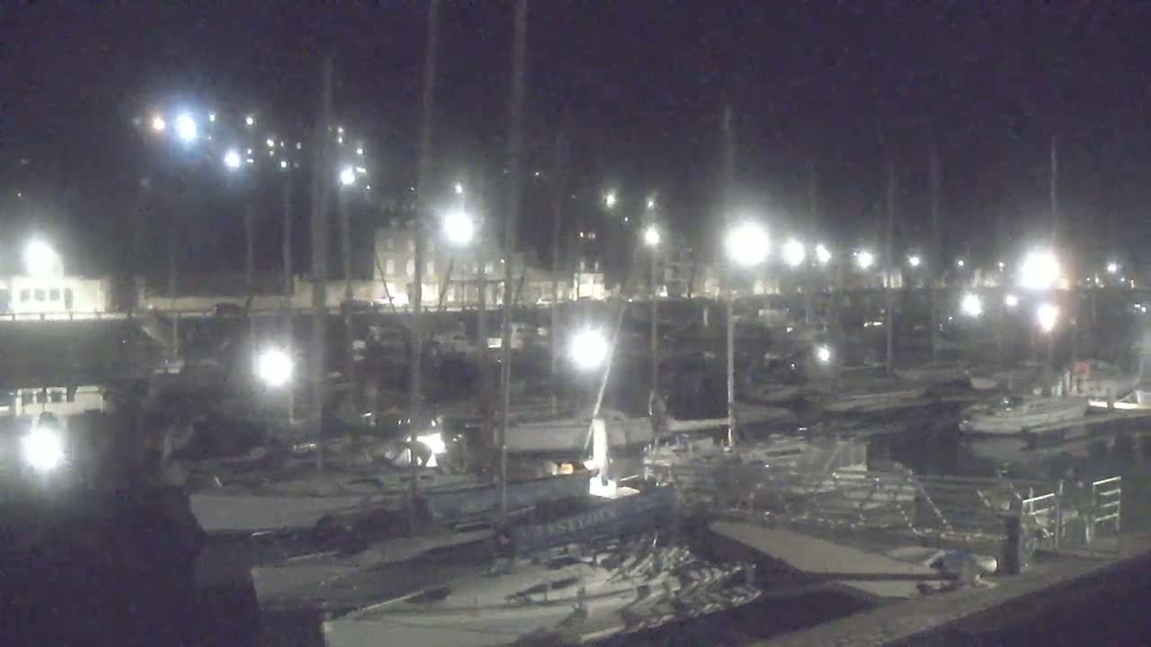 A nighttime view of a marina filled with numerous boats and yachts under artificial lighting.