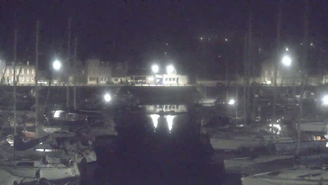 At night, numerous boats are docked in a marina, illuminated by lights along a waterfront building.