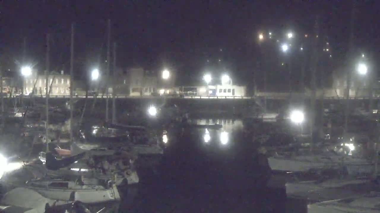 A nighttime view of a marina with numerous boats docked, illuminated by artificial lights, under a dark sky.