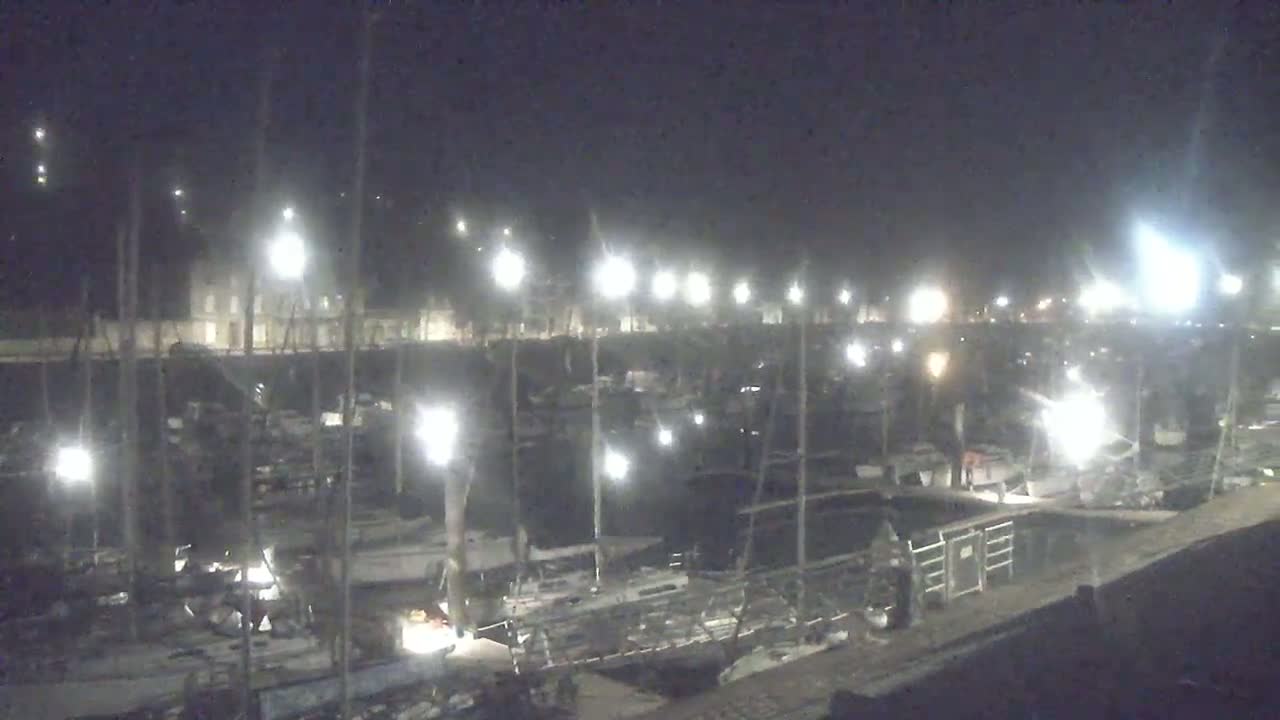 A nighttime view of a marina filled with numerous boats and illuminated by many lights.