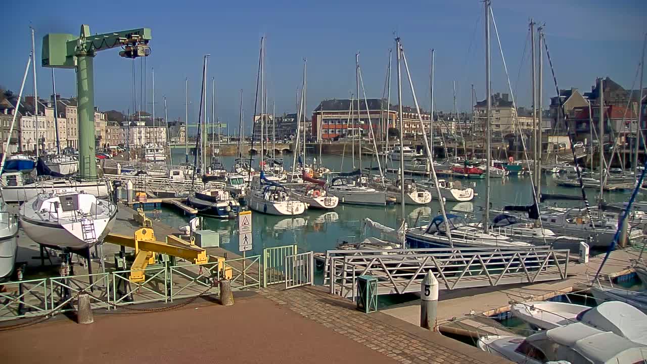 A marina filled with sailboats and yachts on a sunny day, with a crane and dock in the foreground.