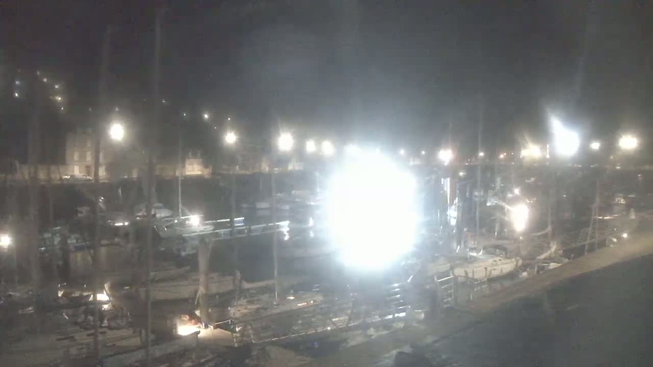 A nighttime view of a harbor filled with boats under bright, possibly hazy or foggy, lighting conditions.
