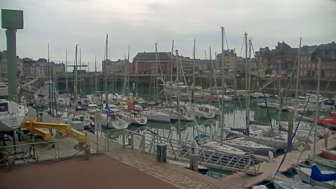 A harbor filled with numerous sailboats and motorboats under an overcast sky.