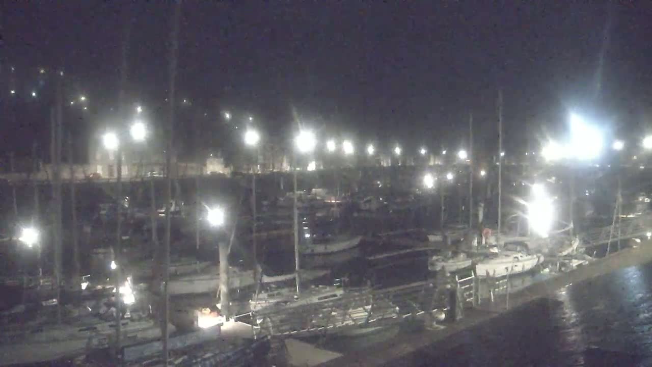 A marina at night is illuminated by many lights, showing numerous boats docked.