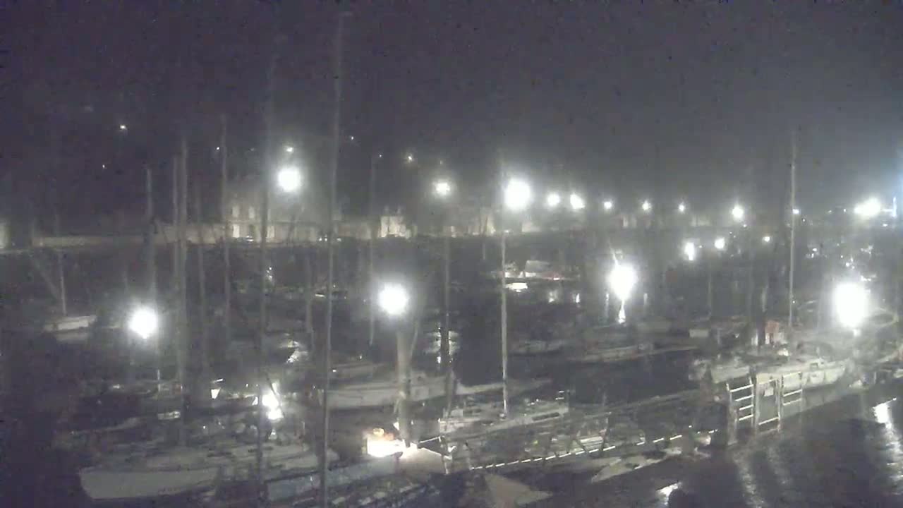 A nighttime view of a marina filled with numerous sailboats under hazy, dark conditions.