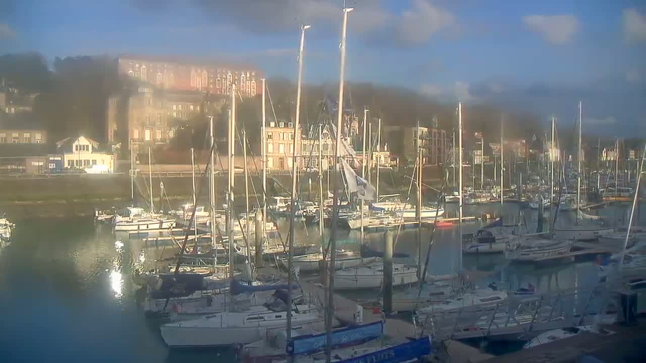 Many sailboats are docked in a harbor on a partly sunny day with hazy conditions.