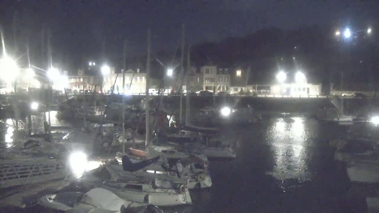 A nighttime view of a harbor filled with numerous boats docked along a waterfront with buildings illuminated by lights.