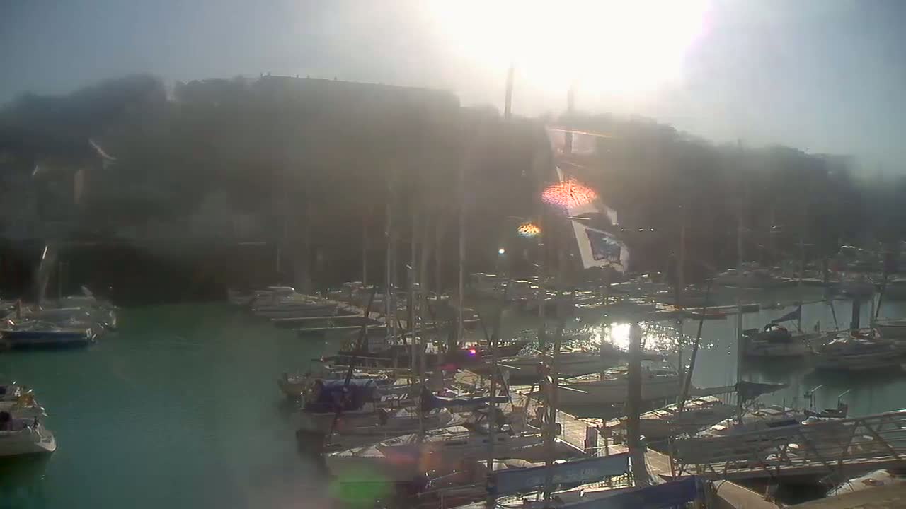 Numerous sailboats and motorboats are docked in a marina, partially obscured by a hazy, sunny atmosphere.