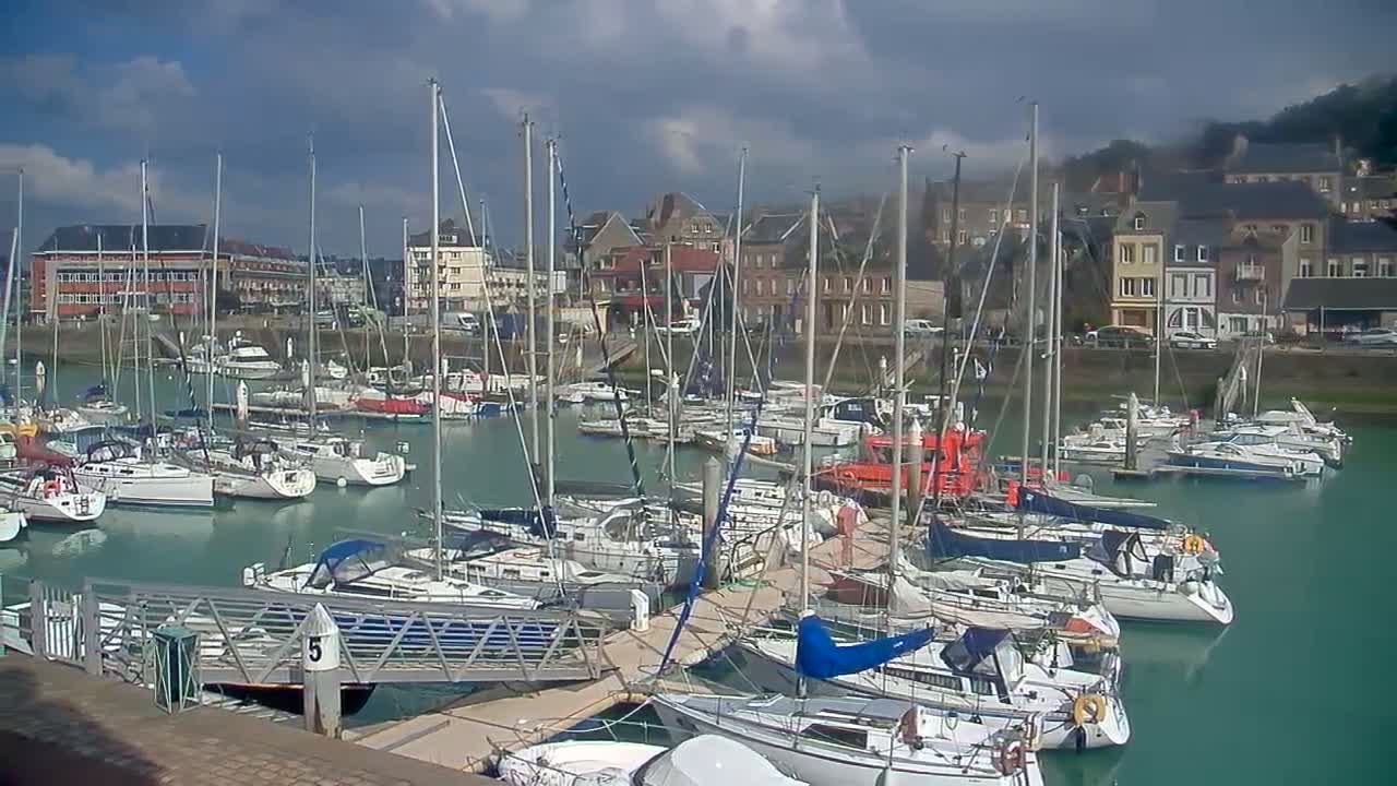 A marina filled with numerous sailboats and motorboats is situated near a waterfront town under a partly cloudy sky.
