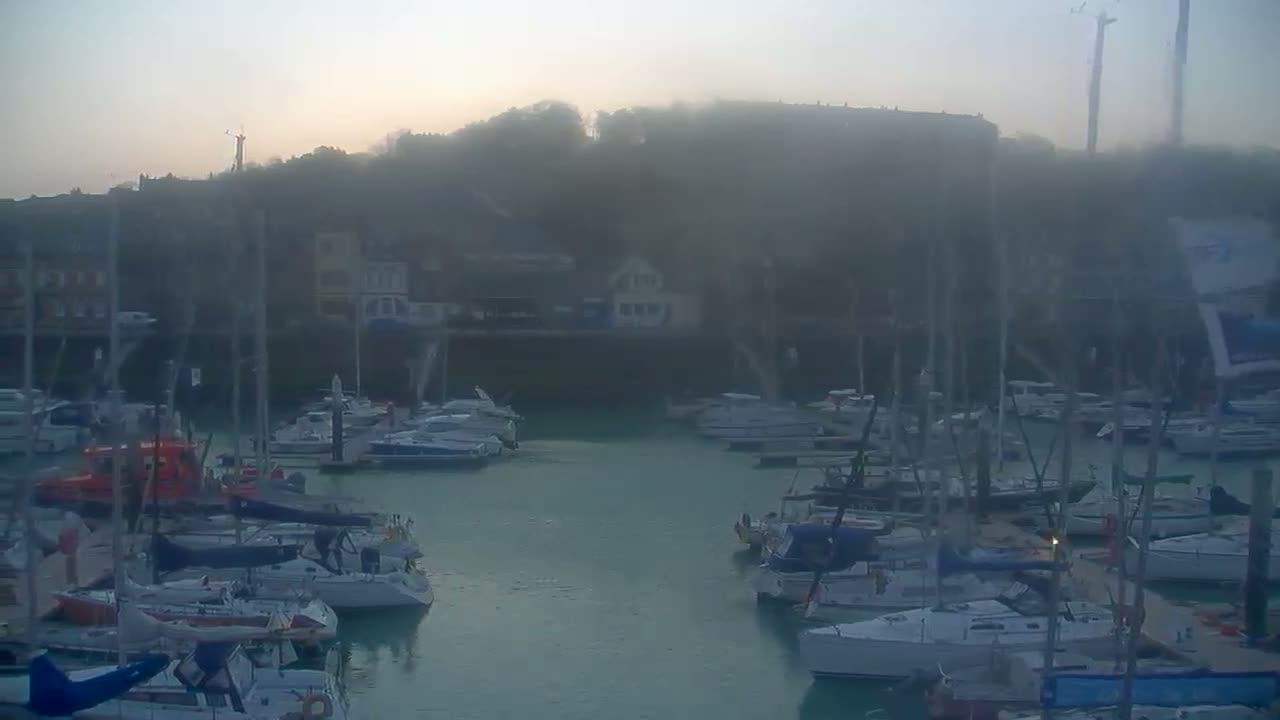 A marina filled with sailboats and motorboats is shrouded in fog under a hazy sunrise.
