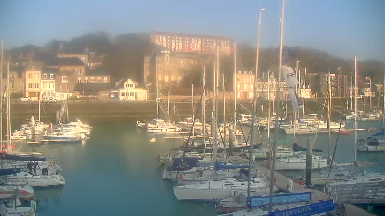 Many sailboats are docked in a harbor in front of a town of buildings on a hazy, sunny day.