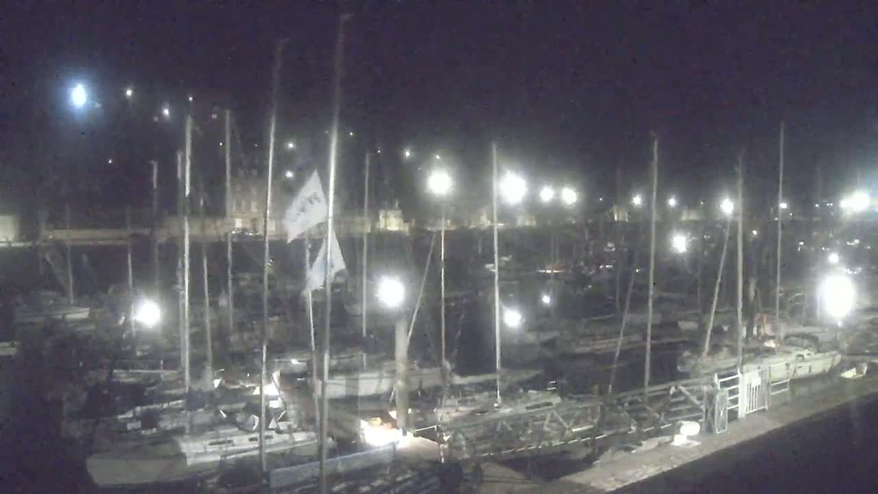A nighttime view of a marina filled with numerous sailboats docked under artificial lights, with a bright moon visible in the dark sky.