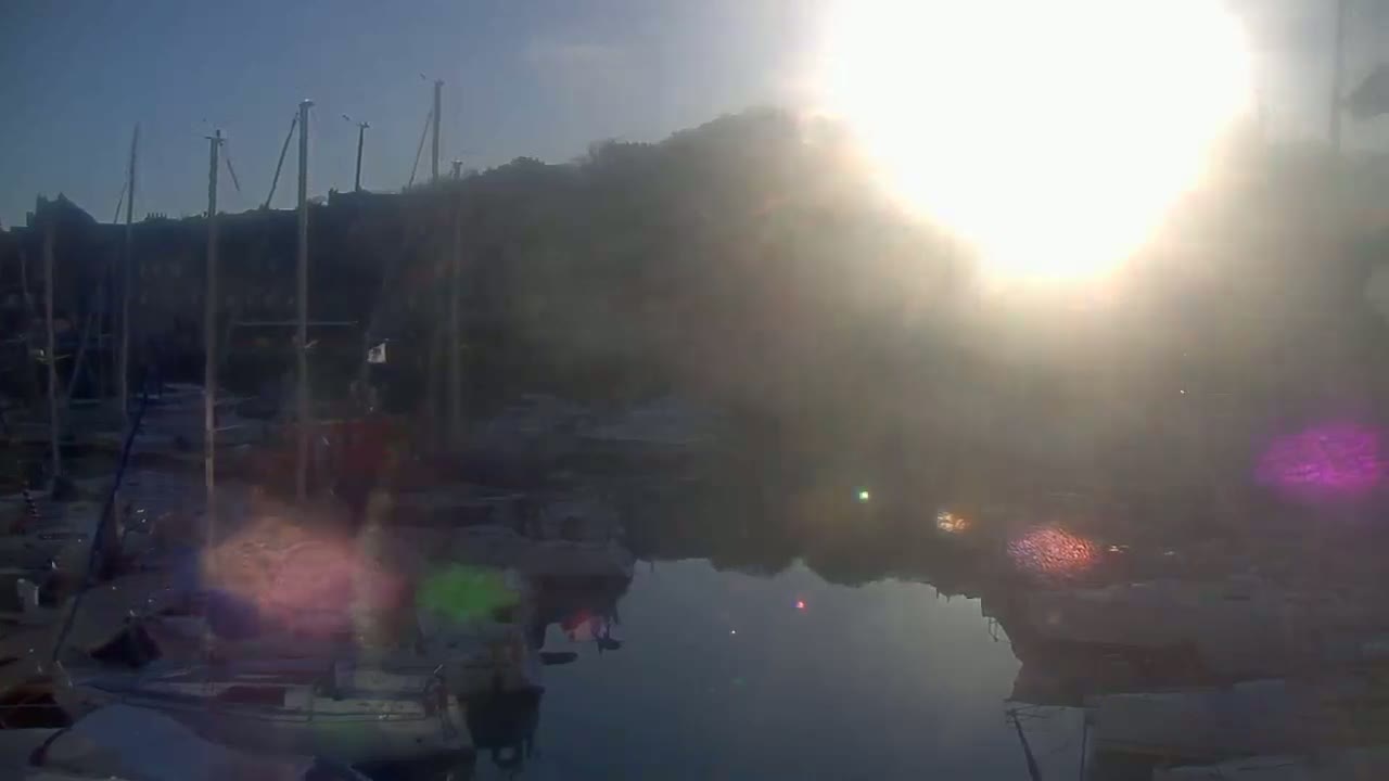 A hazy sunrise illuminates a marina filled with sailboats moored along a waterfront, reflecting in the calm water.