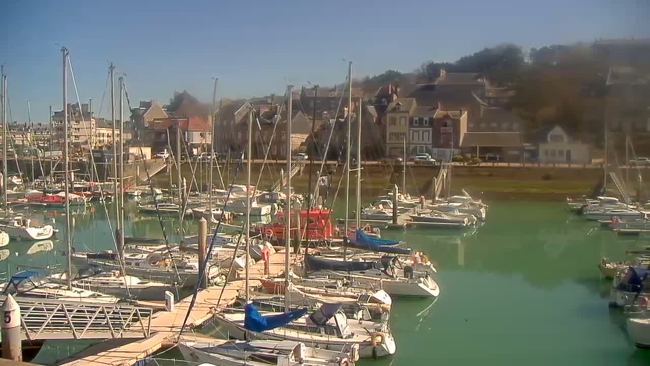 A marina filled with sailboats and motorboats is nestled next to a town under a clear, sunny sky.