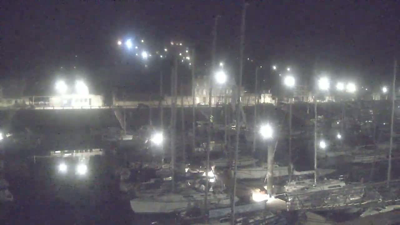 A nighttime view of a marina filled with docked sailboats under bright artificial lighting.