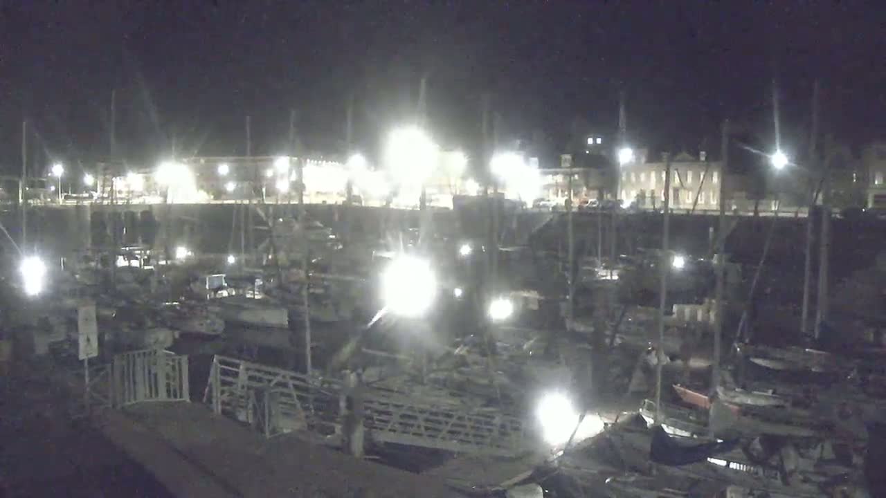 A nighttime view of a harbor filled with numerous boats docked under bright artificial lights, with buildings visible in the background.