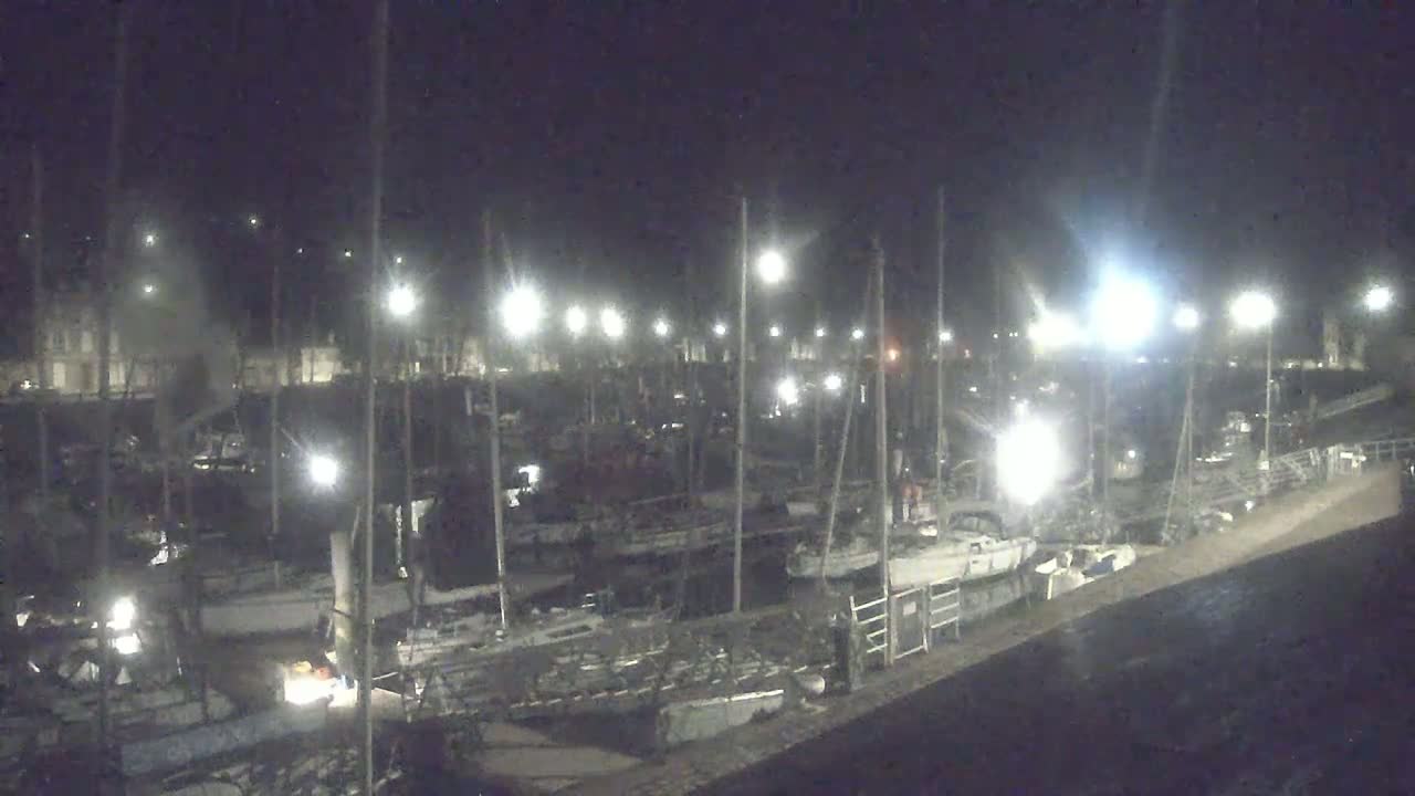 Many sailboats are docked at a marina at night under bright lights.