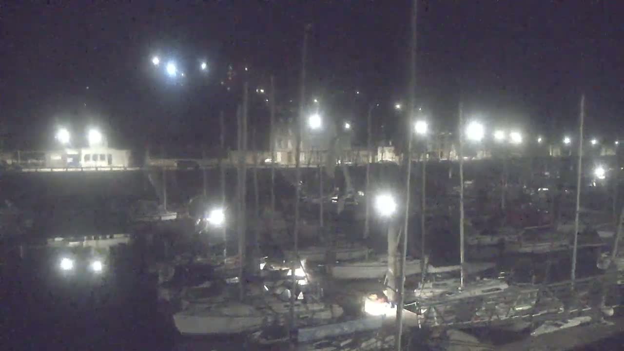 A nighttime view of a marina filled with sailboats under artificial lights.