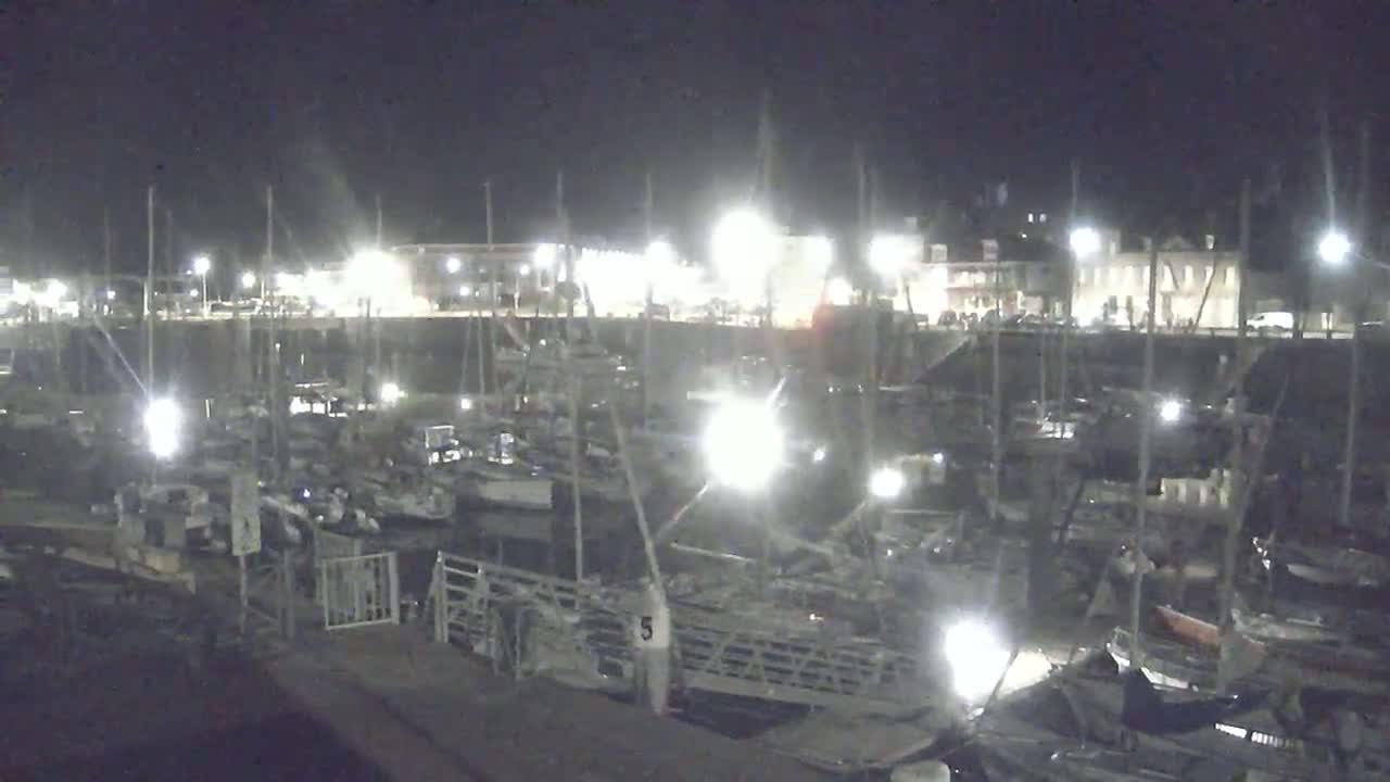 Many boats are docked at a harbor at night under bright artificial lights.