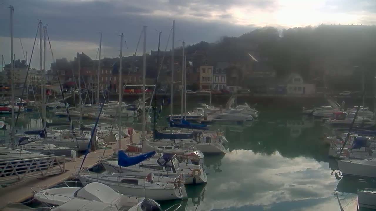 Many sailboats are moored in a harbor under a cloudy sky.