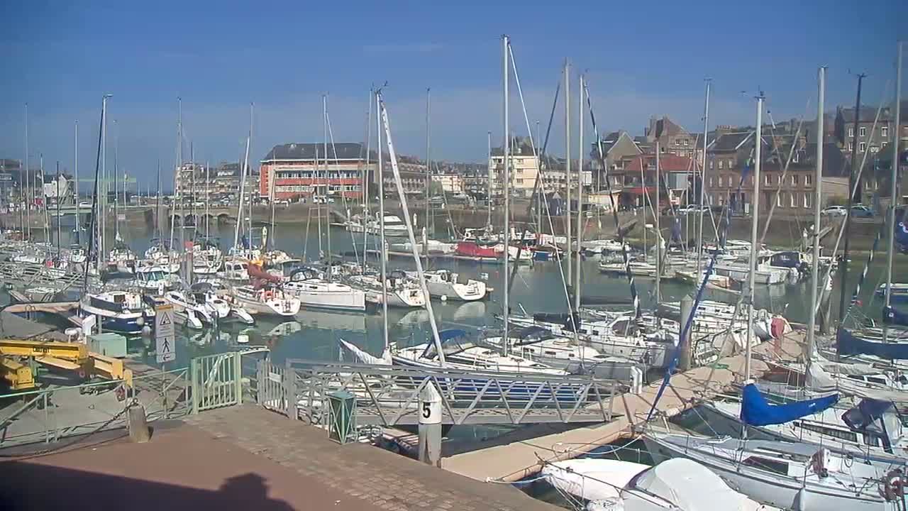 A marina filled with numerous sailboats and motorboats on a sunny day.