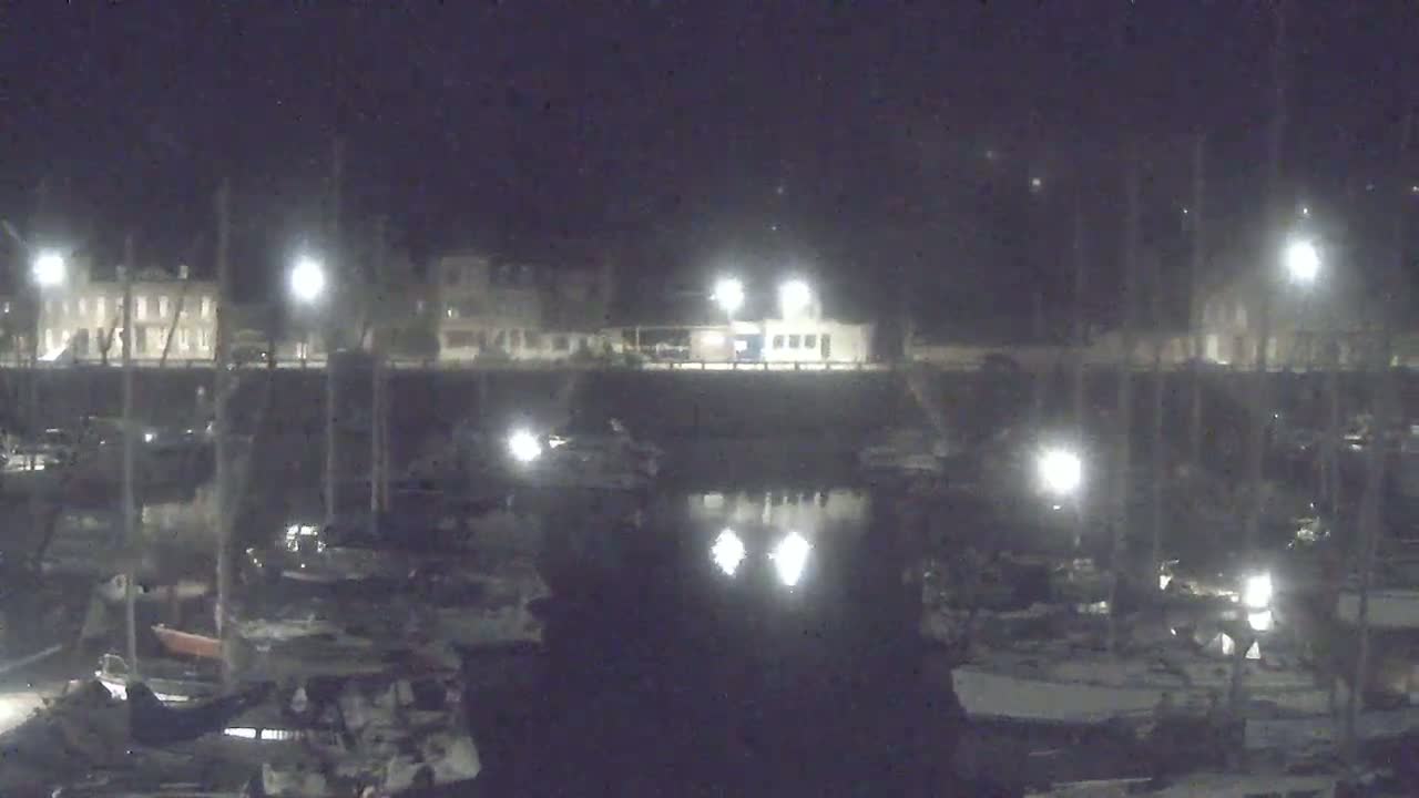 A nighttime view of a harbor filled with boats moored alongside a waterfront building illuminated by streetlights.