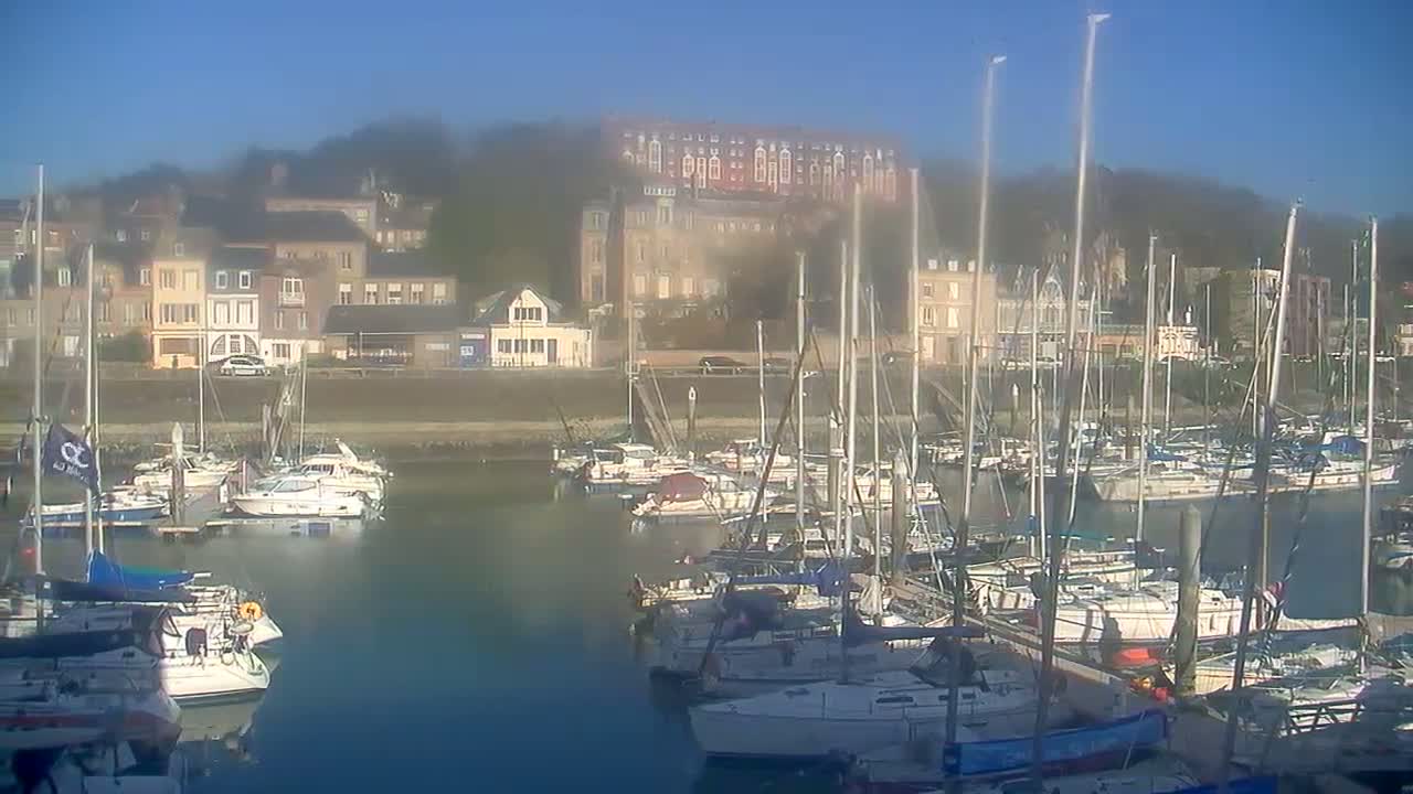 A marina filled with sailboats and motorboats is situated in front of a town on a hazy day.