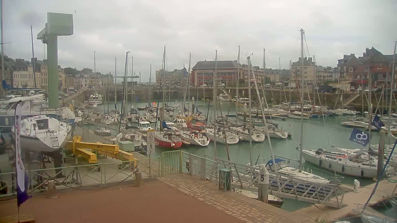 A harbor filled with numerous sailboats and motorboats is seen under an overcast sky.