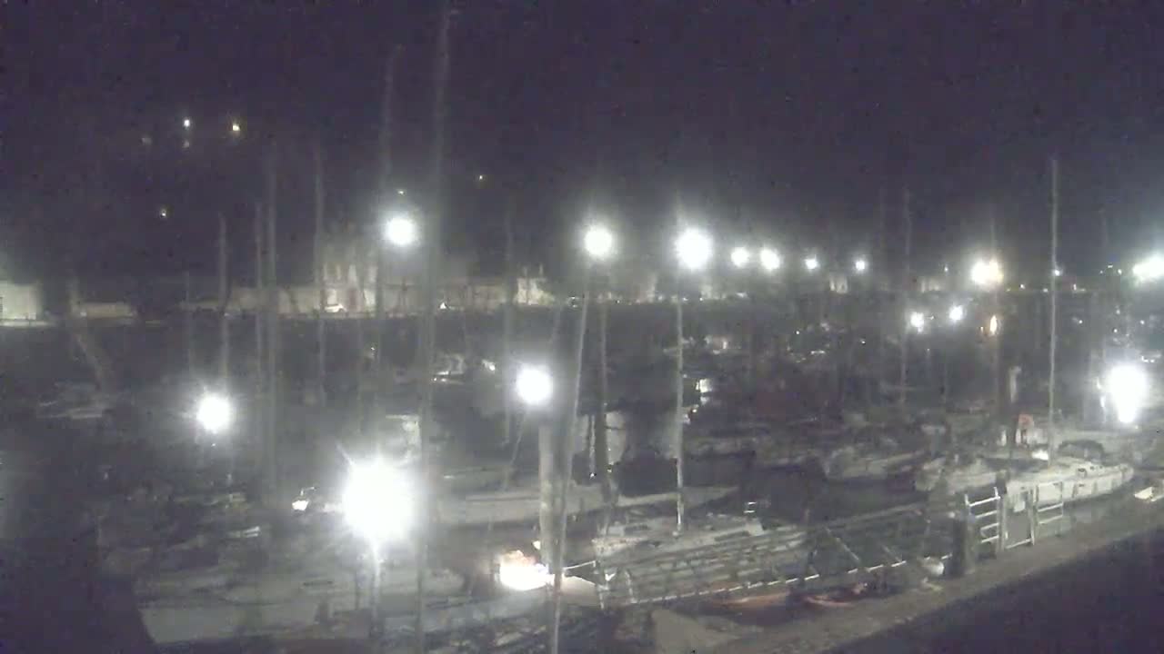 Many sailboats are docked at a marina at night under bright artificial lights.
