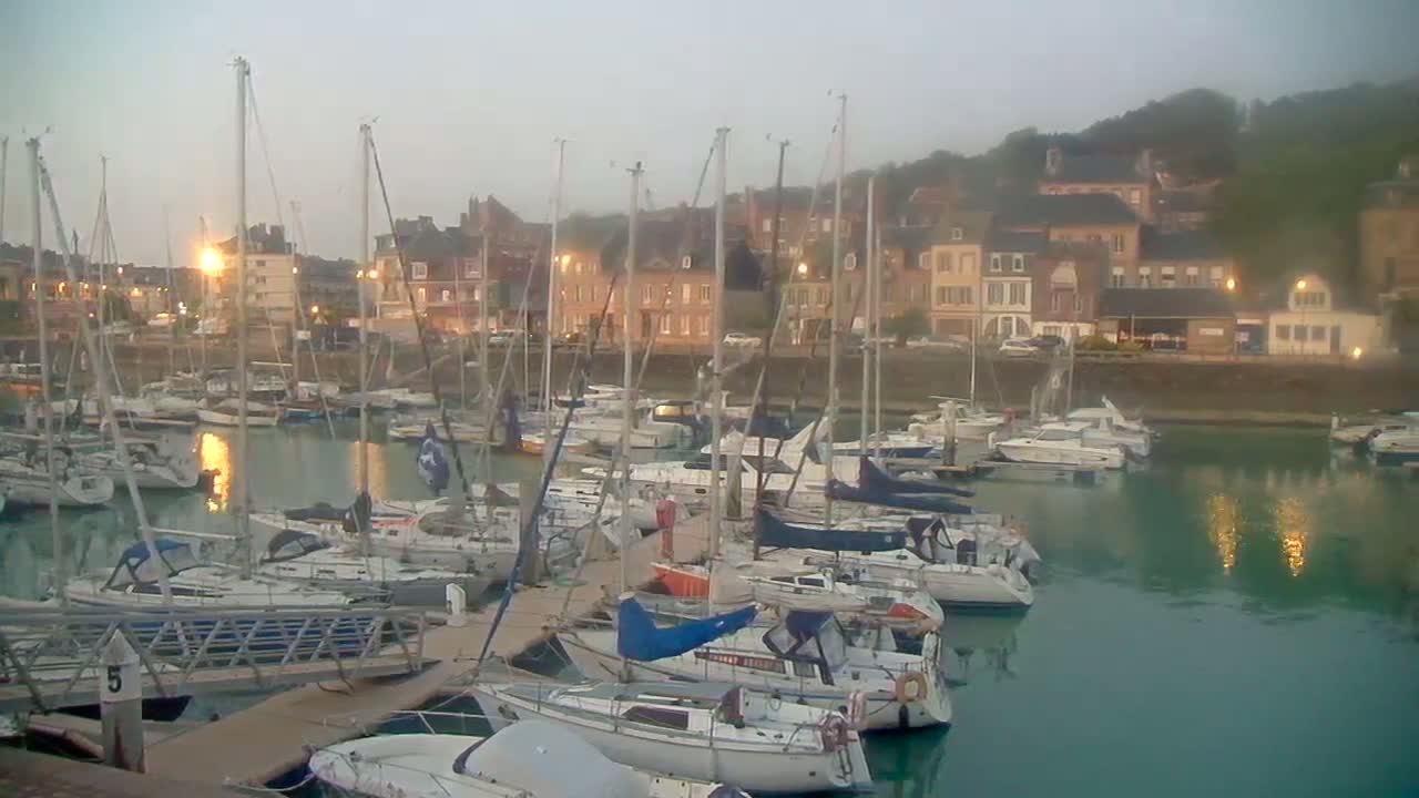 Many sailboats are moored in a harbor at dusk, with a town of buildings visible on the far shore.