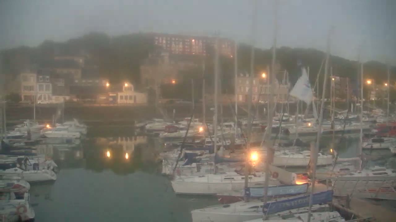 Many sailboats are docked in a harbor at twilight under foggy conditions, with buildings and lights visible on a hillside in the background.