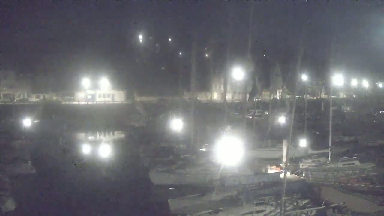 A hazy nighttime view of a marina filled with boats illuminated by numerous lights.