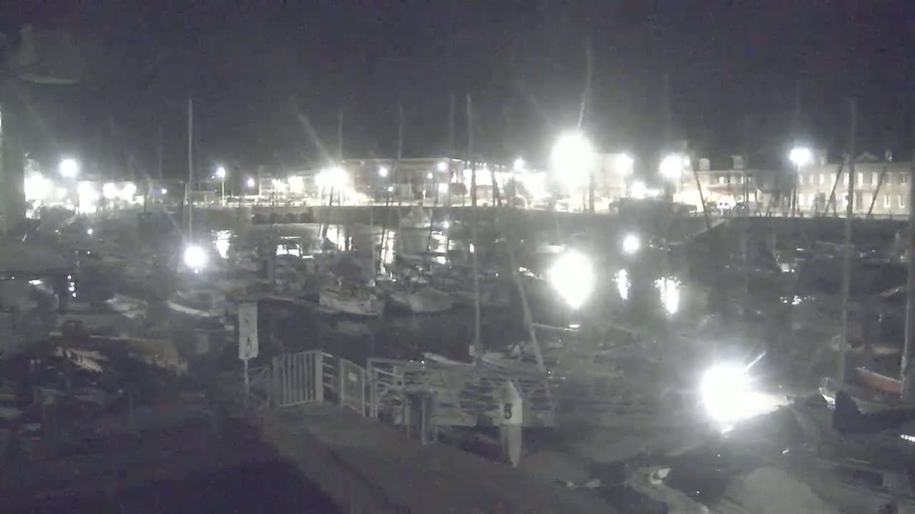 A nighttime view of a harbor filled with docked boats, illuminated by lights from buildings and boats along the waterfront.