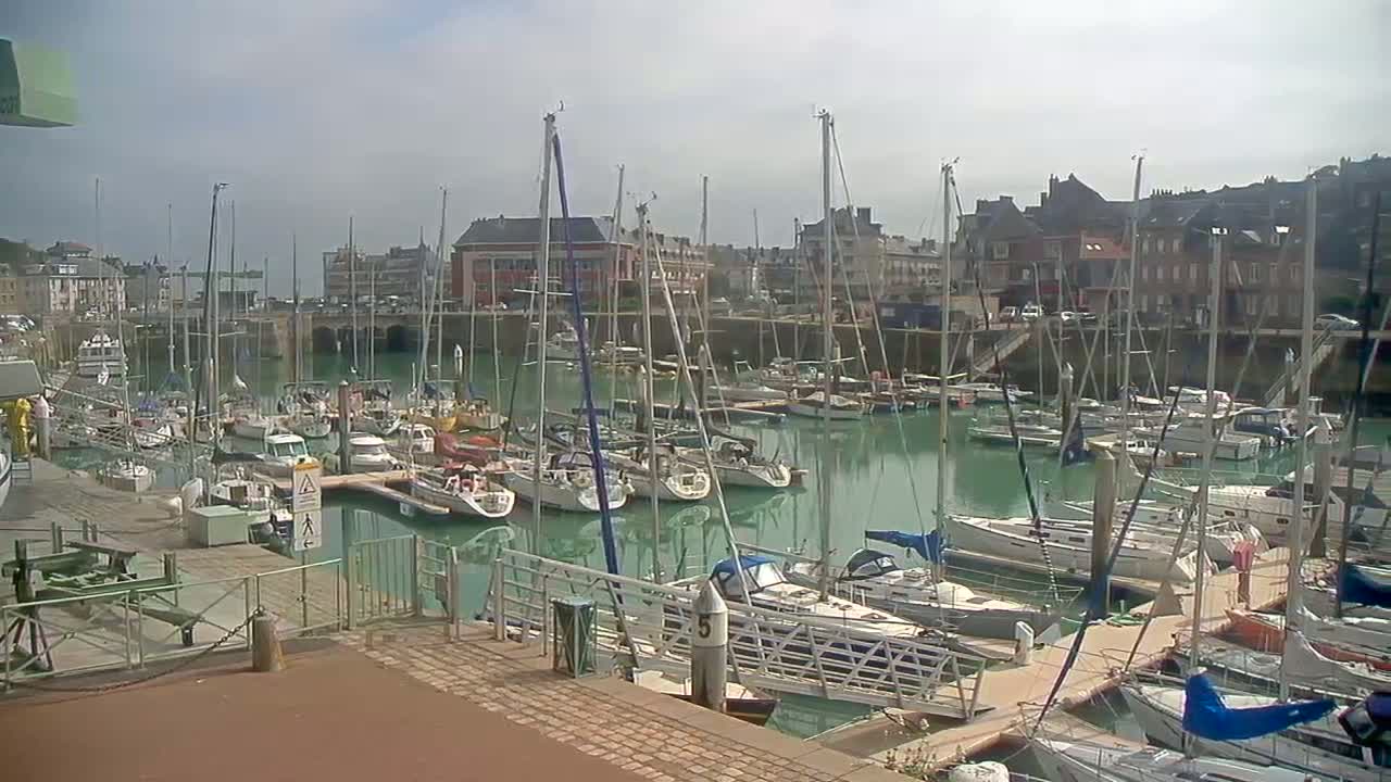 A marina filled with numerous sailboats and motorboats on a calm, cloudy day.