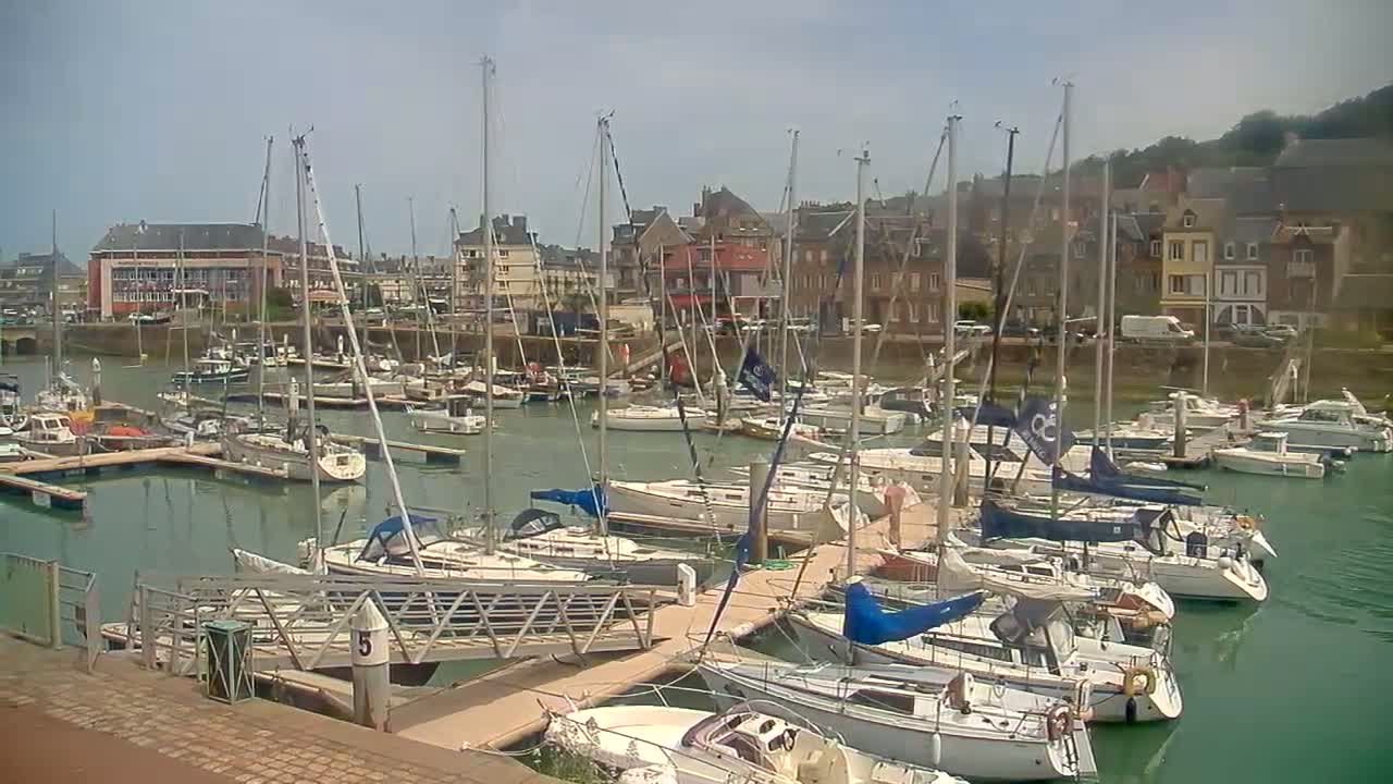 A harbor filled with numerous sailboats moored at docks, backed by a collection of buildings on a hill under a partly cloudy sky.