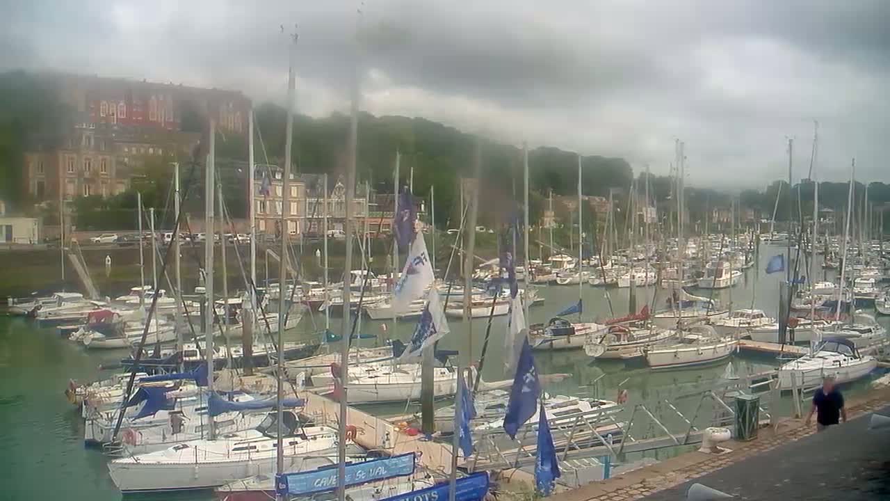 A crowded marina filled with sailboats under a cloudy sky.
