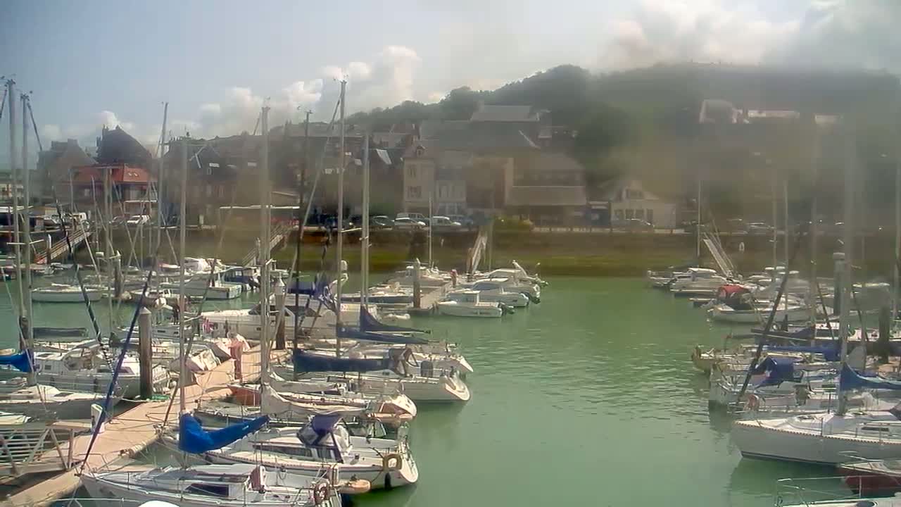 A marina filled with sailboats and motorboats is situated next to a town on a slightly hazy day.