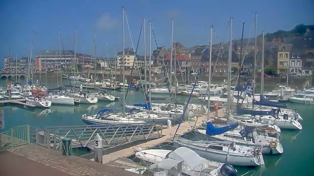 A marina filled with sailboats is nestled next to a waterfront town under a clear blue sky.