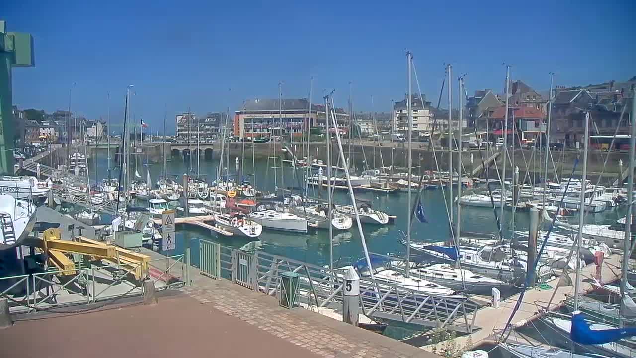 A marina filled with numerous sailboats and motorboats on a sunny day.
