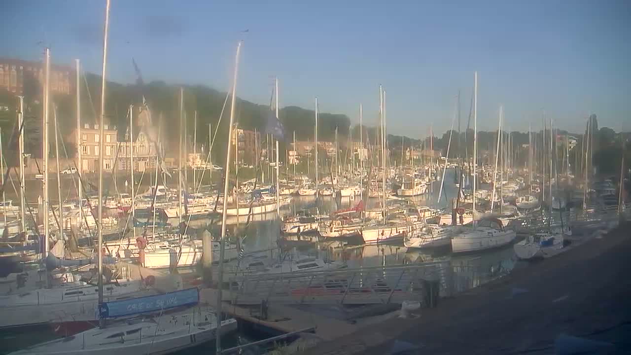 A hazy, sunlit marina filled with numerous sailboats and motorboats is nestled against a hillside with buildings.