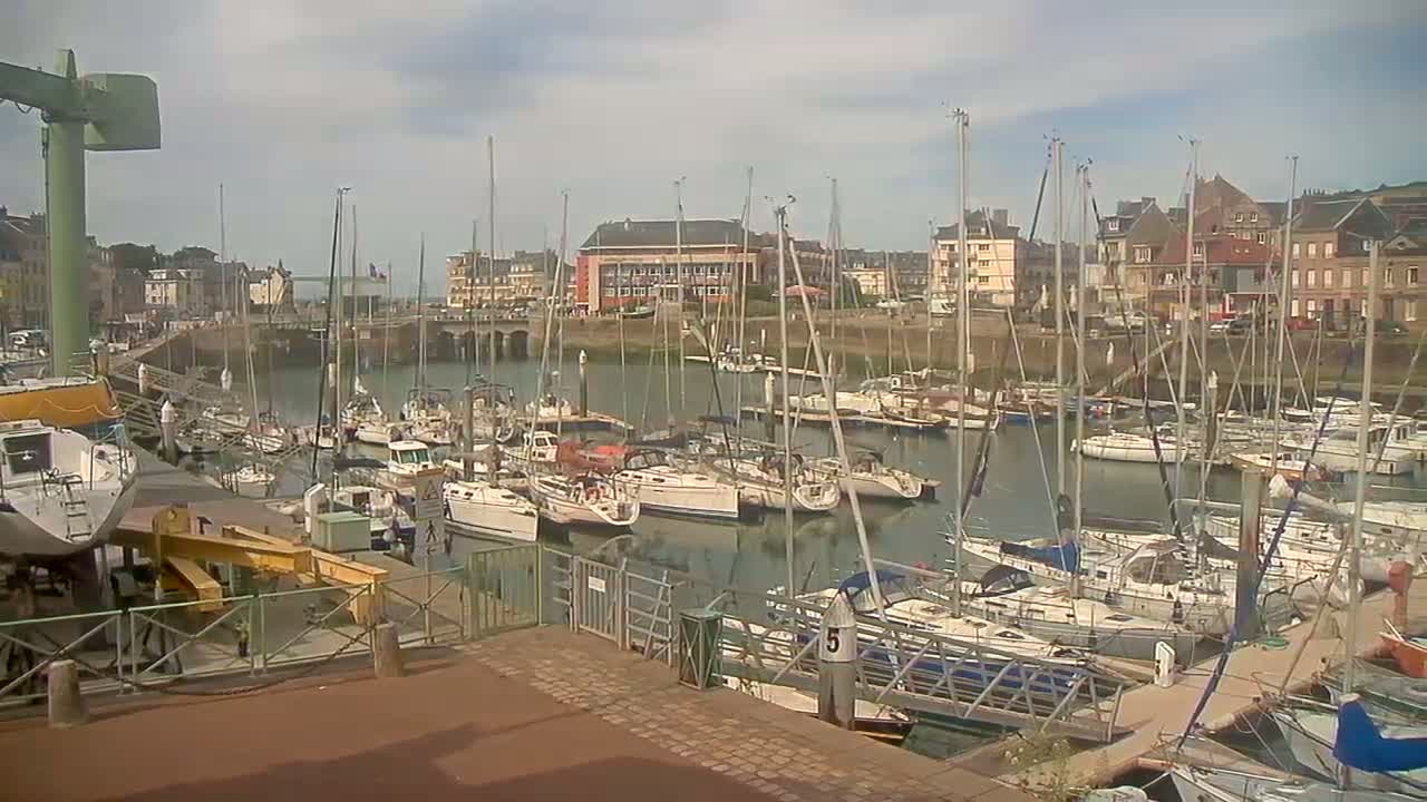 Many sailboats are docked in a harbor on a partly cloudy day, with buildings and a waterfront visible in the background.