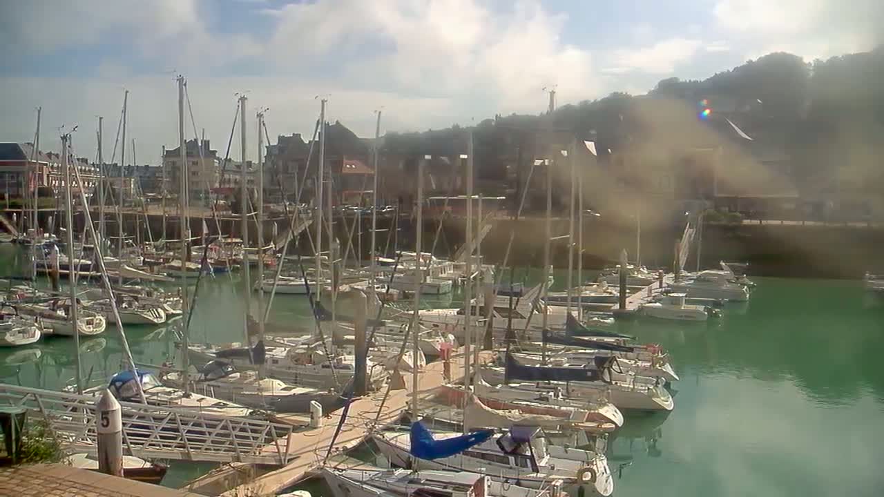Many sailboats are docked in a marina on a partly cloudy day.