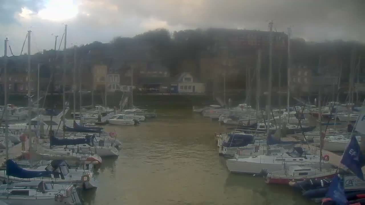 Under an overcast sky, a marina is densely packed with numerous sailboats and motorboats, with residential buildings visible along a tree-covered hillside in the background.