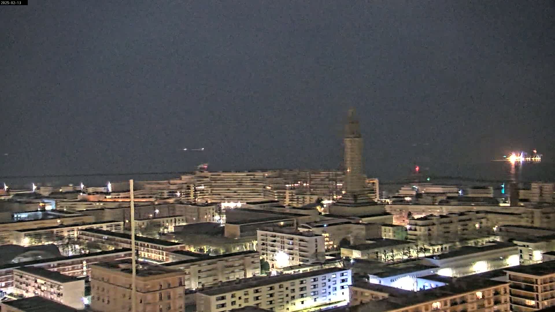 A nighttime, aerial view of a city with a tall tower near the water under a dark, clear sky.