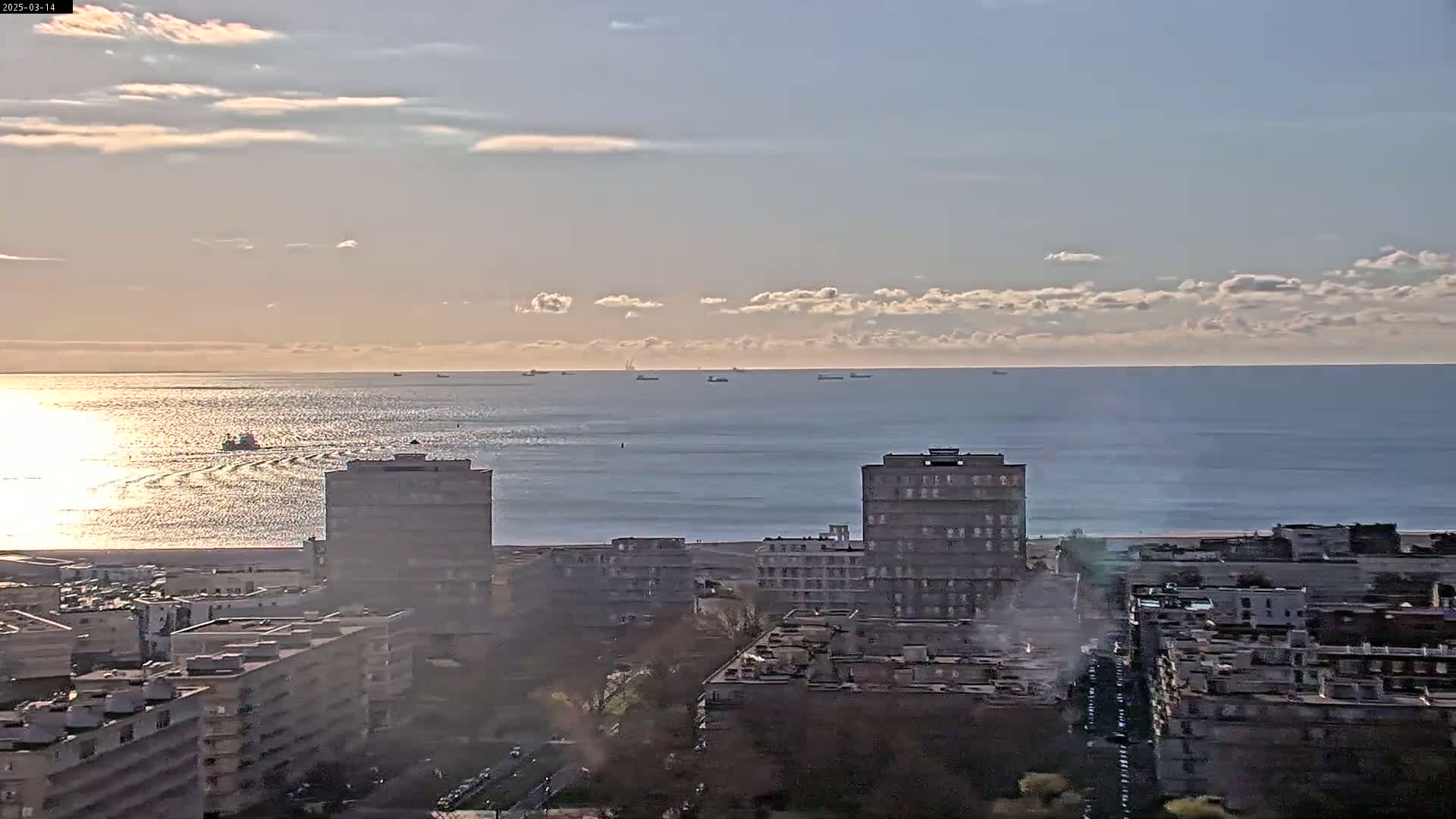 A calm, sunlit ocean with several ships on the horizon is viewed from a high vantage point overlooking a city of multi-story buildings.